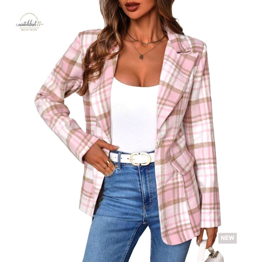Women's Flannel Plaid Blazer Jacket Slim Fit Fully Lined Casual Work